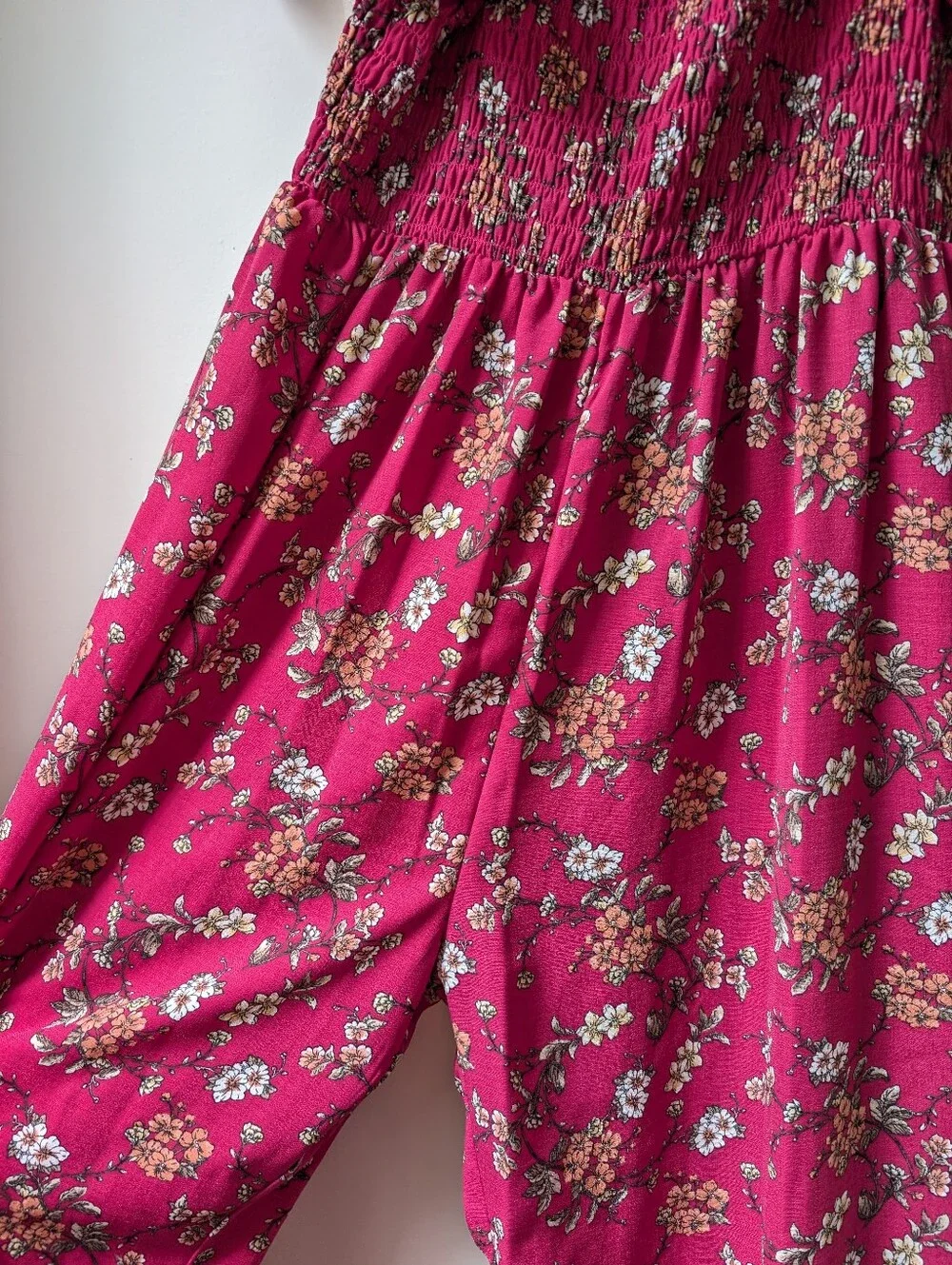 Magenta Floral Long Romper Puff Sleef Smocked Bust Women's Xs Girl 14